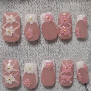 Hand Crafted Blush and Ivory Floral Press-On Nails